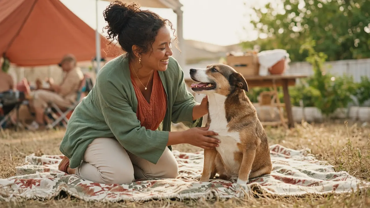 Smiling person kneeling outdoors to greet a friendly brown-and-white shelter dog