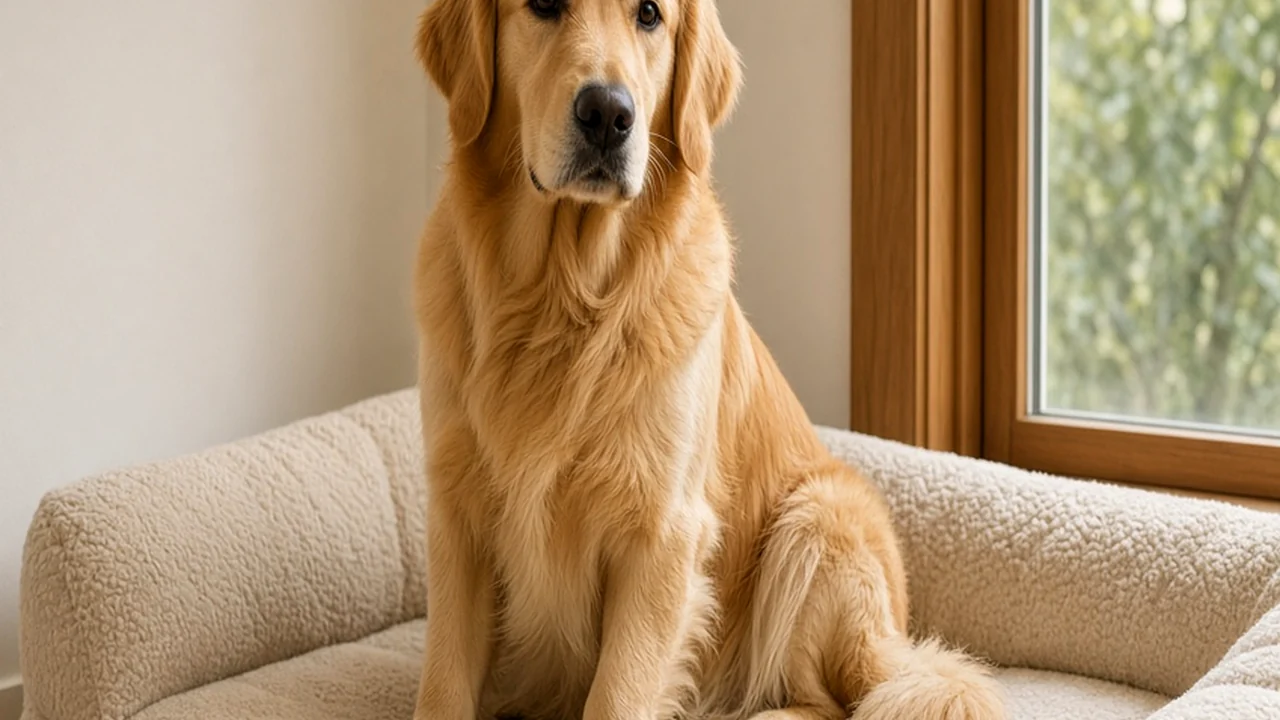 Golden retriever sitting on a plush bolster dog bed by a sunny window