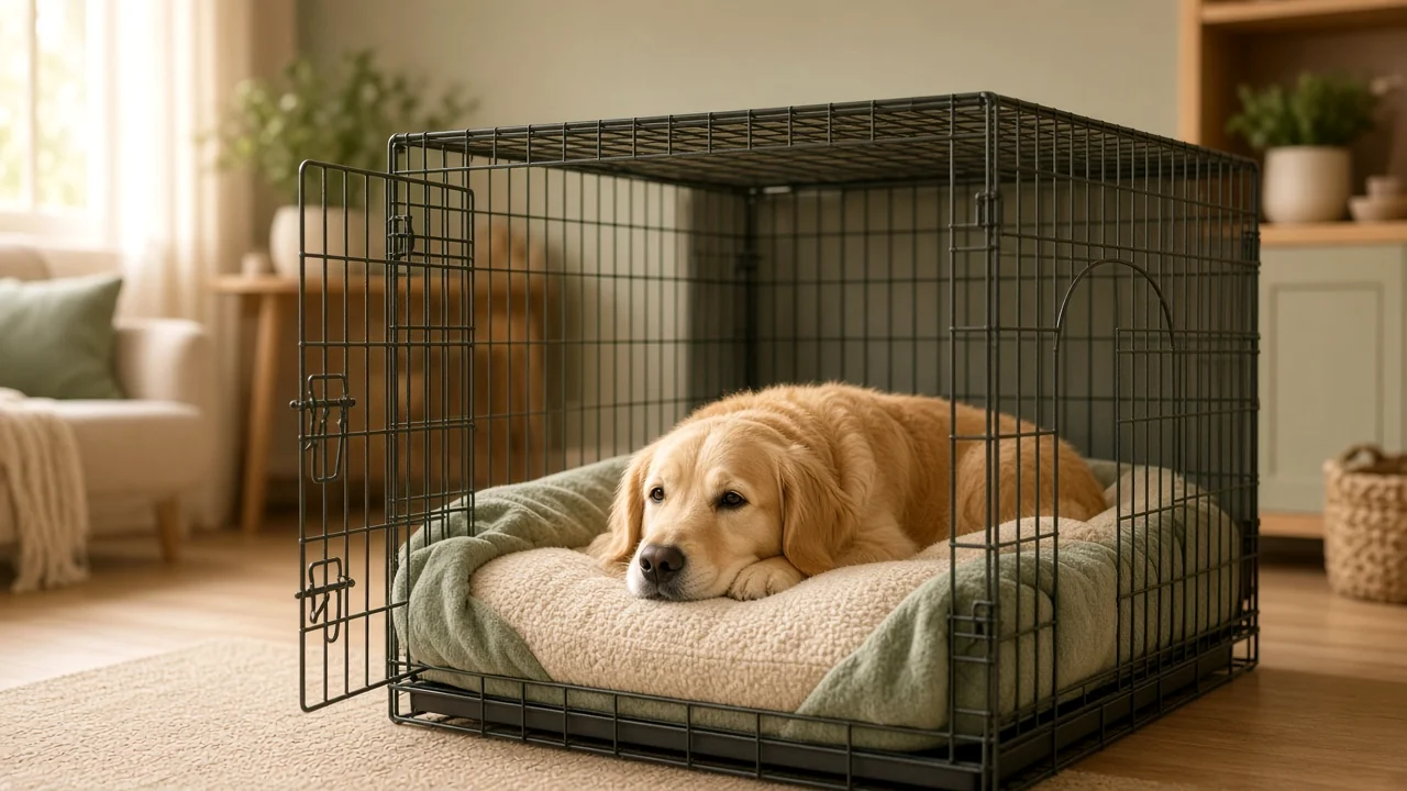 Calm dog resting in an open wire crate with soft bedding in a bright home