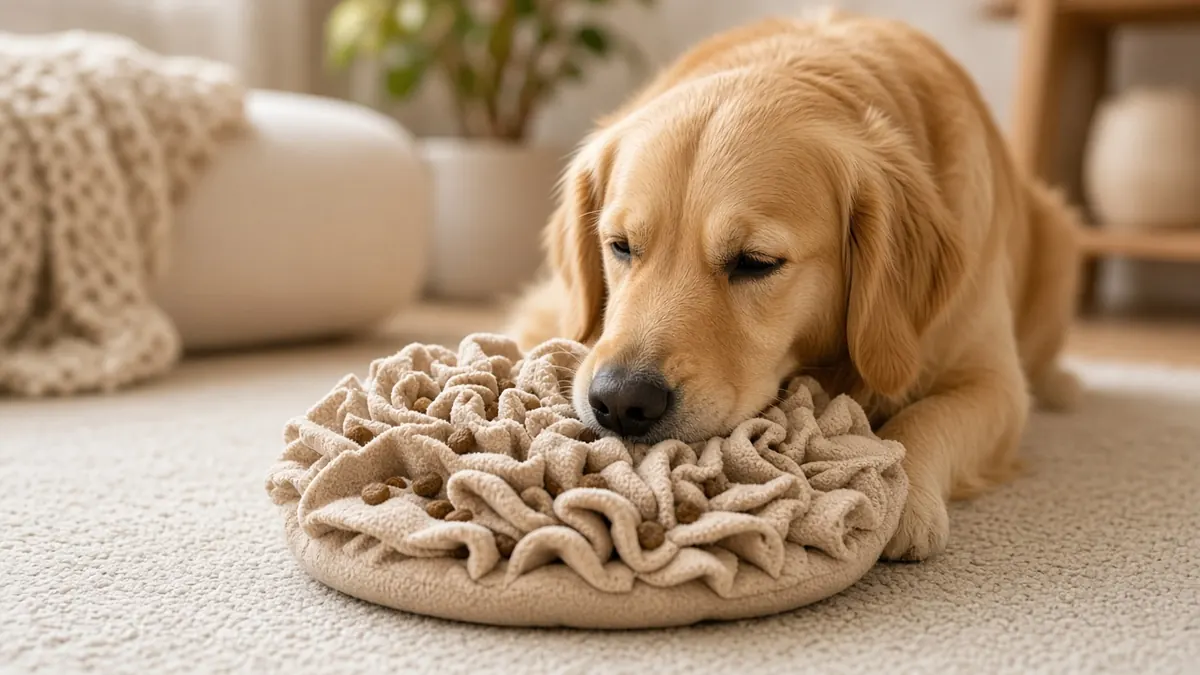 Close view of a dog foraging kibble in a snuffle mat enrichment toy
