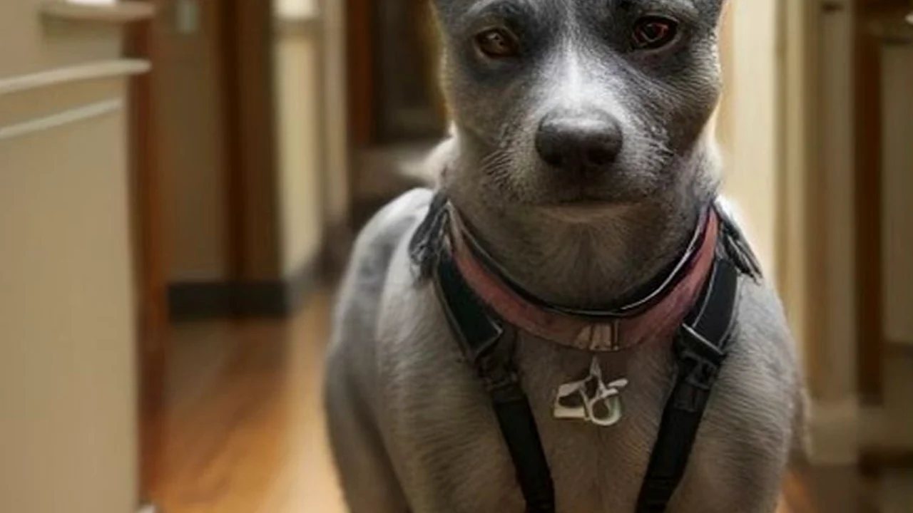 Senior dog walking carefully across a rug in a bright living room