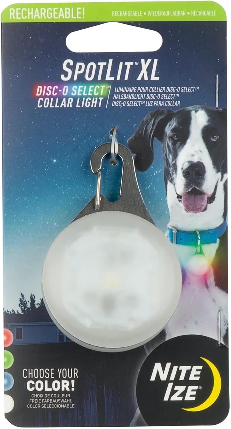 Nite Ize SpotLit XL clip-on light with a metal carabiner in its package, with a black-and-white dog wearing a blue collar pictured on the card.