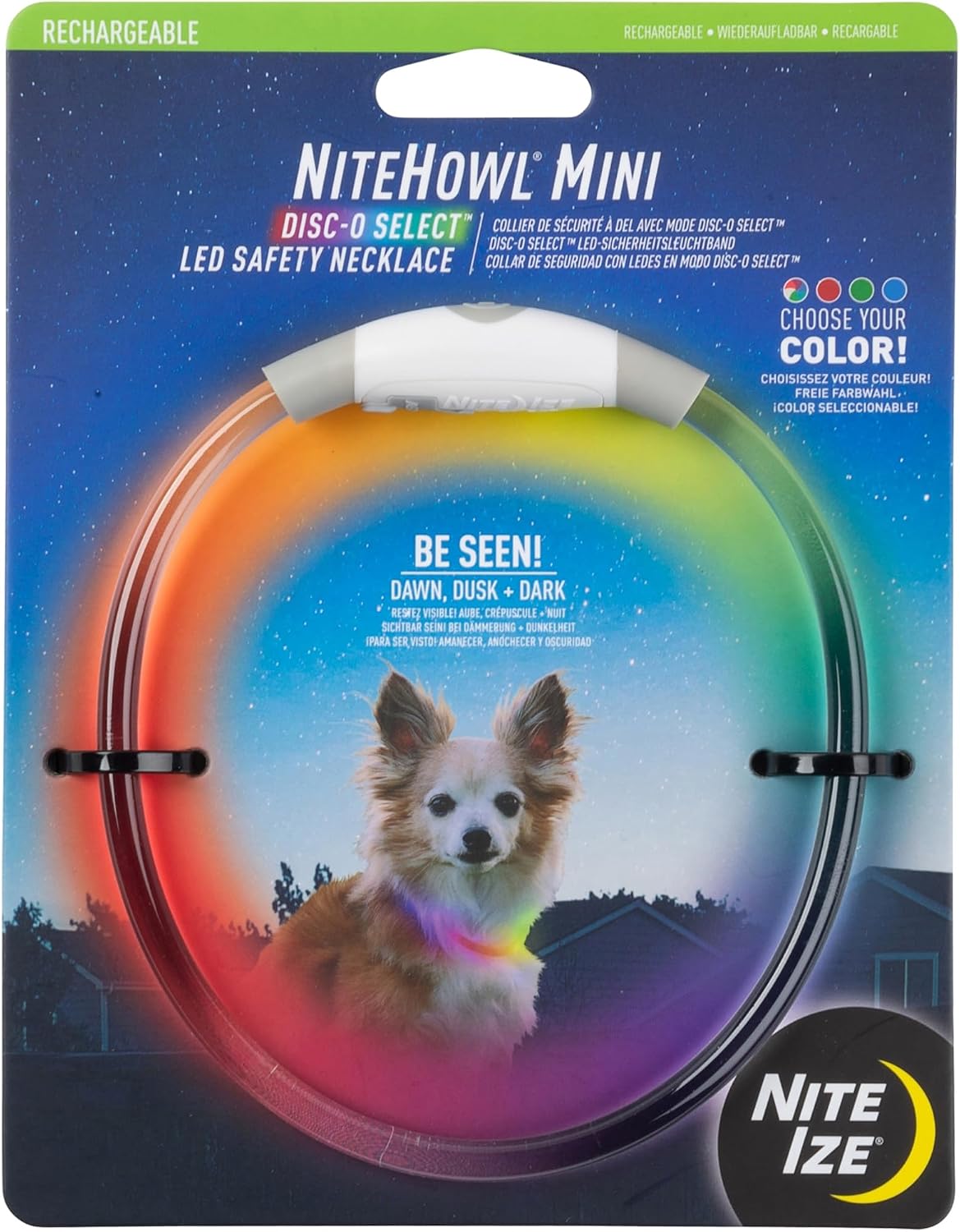 Rainbow-lit Nite Ize NiteHowl Mini necklace in its package, with a small fluffy dog pictured on the card.