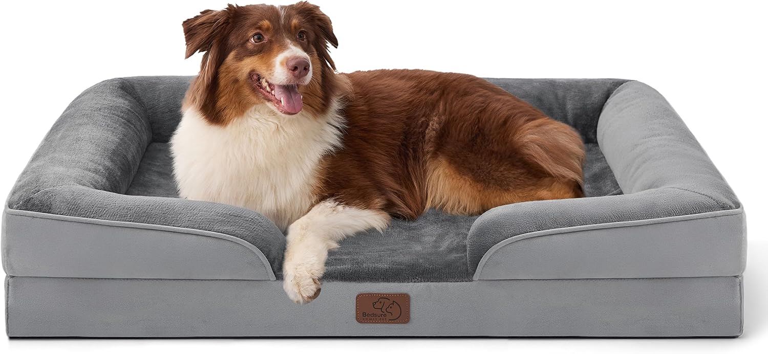 Gray bolstered dog bed with a brown and white dog lying on it and a small Bedsure patch on the front