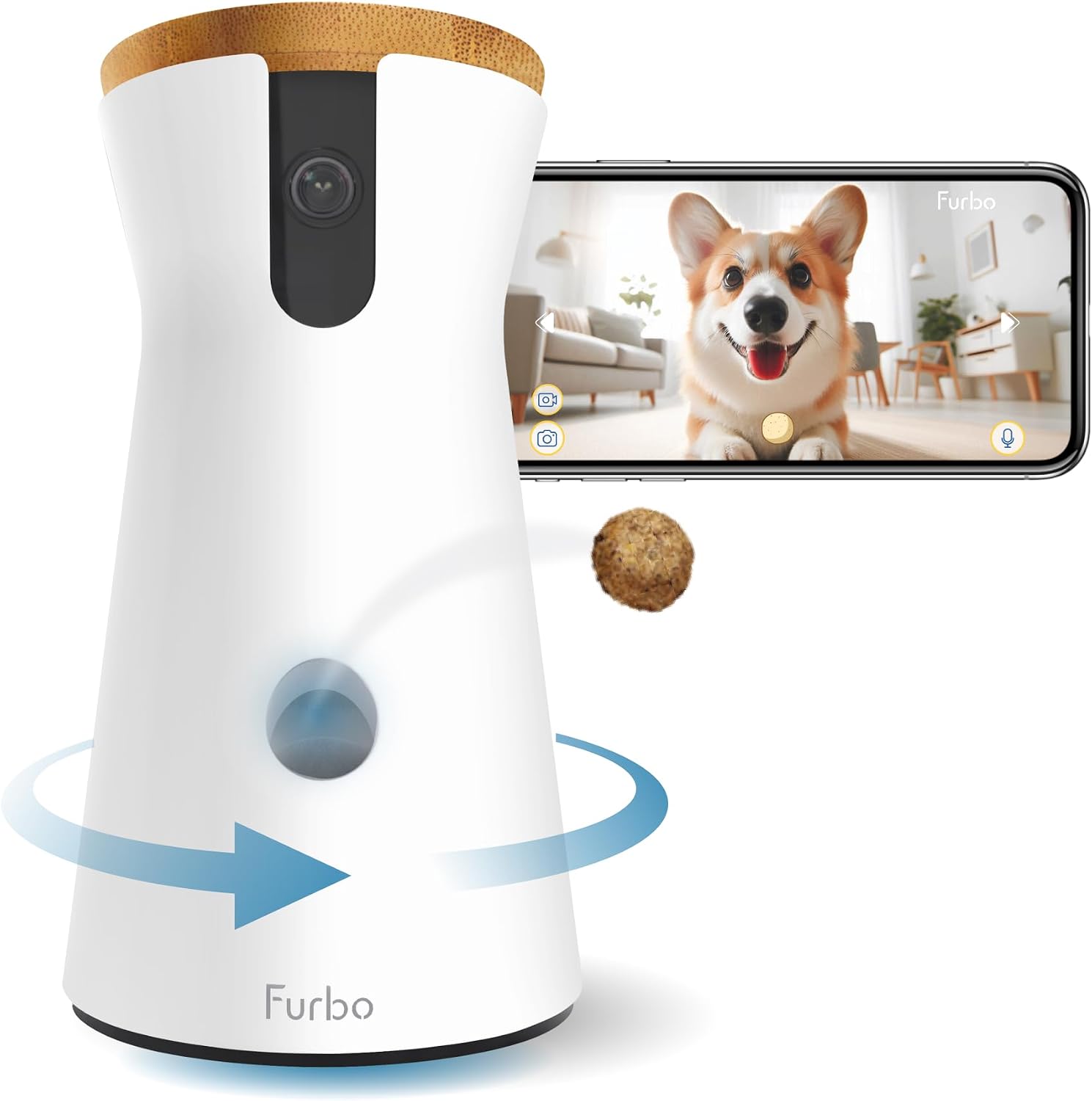 White Furbo camera with a wood-tone top, a lens, a treat in midair, and a phone showing a corgi