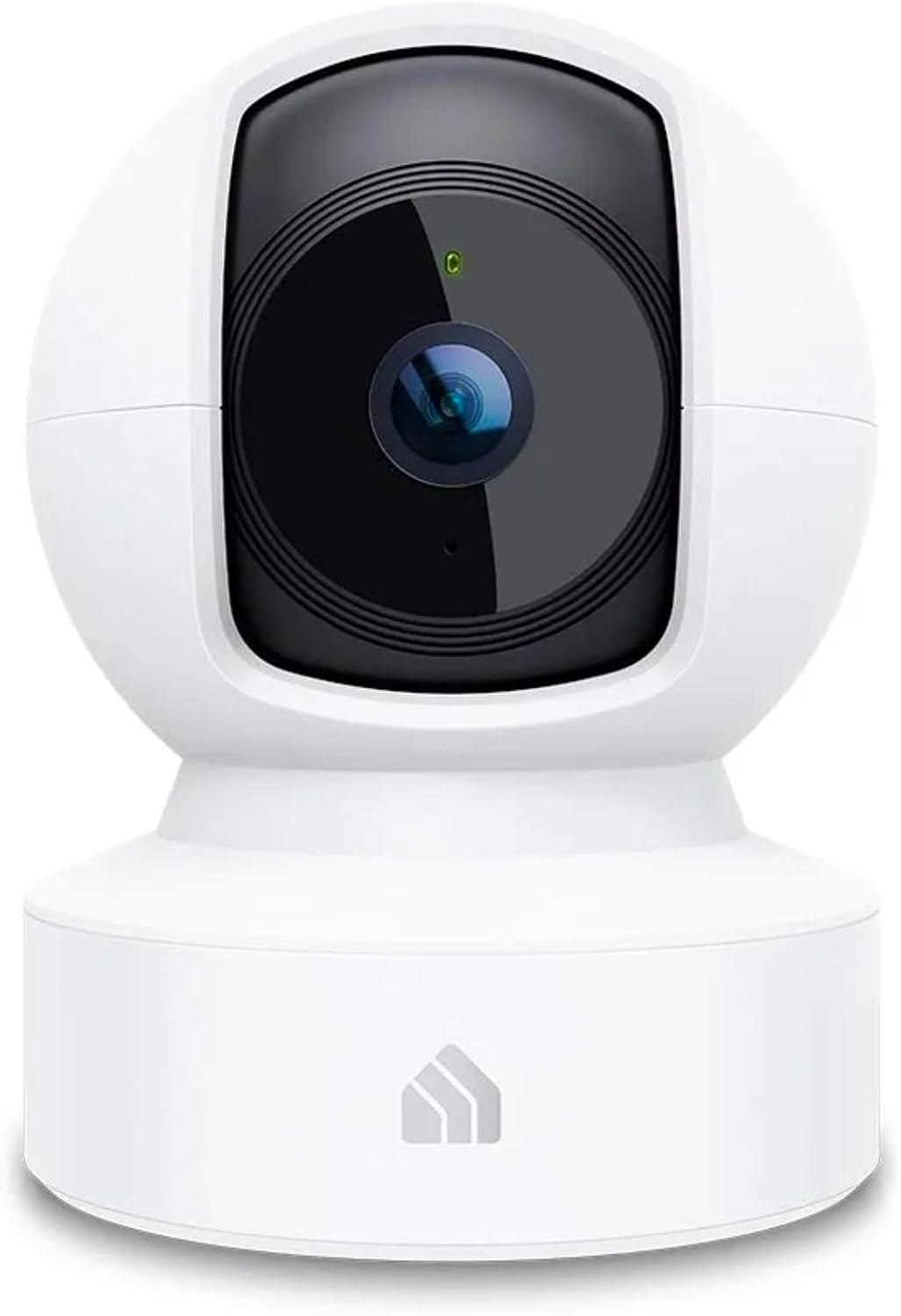 White indoor camera with a round head, a dark lens, and a small house logo on the base