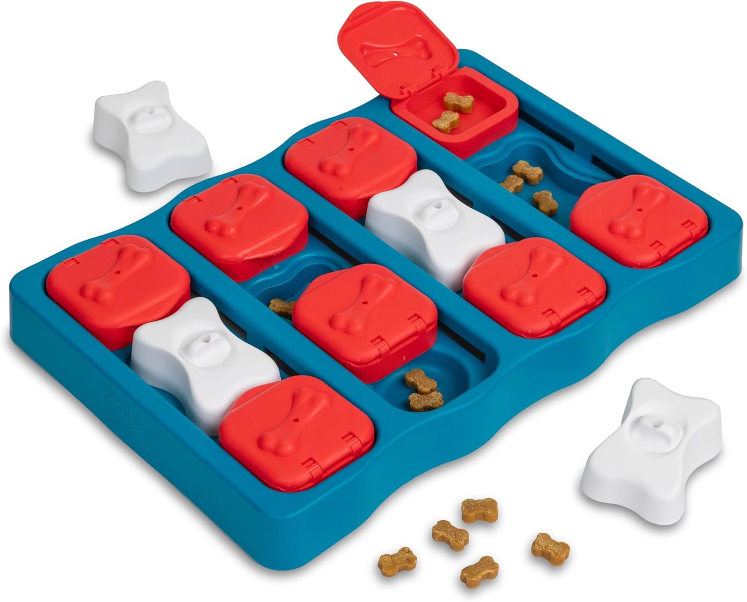 Blue dog puzzle board with red and white bone-shaped lids, some open with treats inside