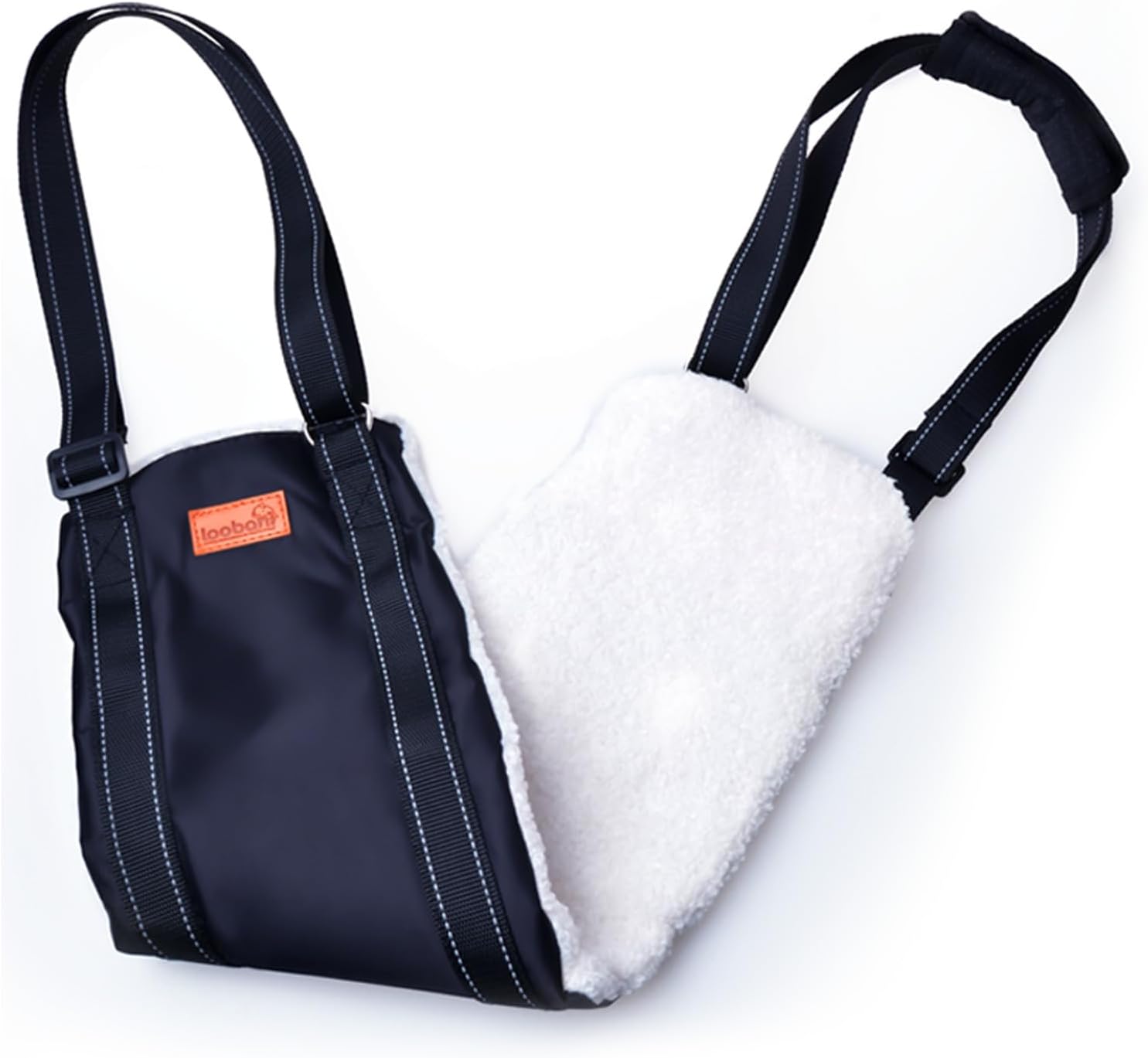 Black Loobani sling with straps, buckles, and a white plush lining