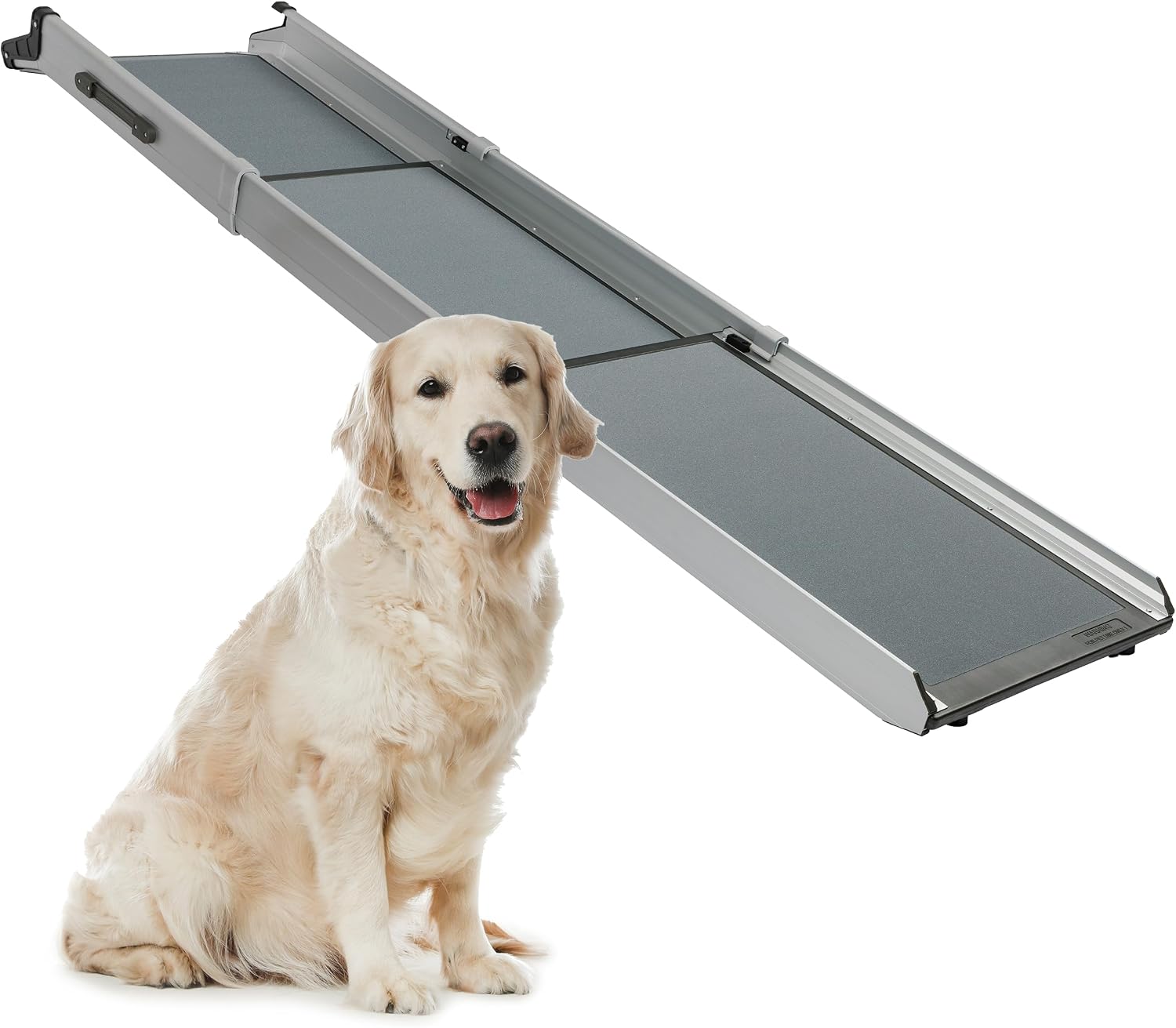 Telescoping dog ramp with side rails and a gray walking surface, beside a sitting golden retriever